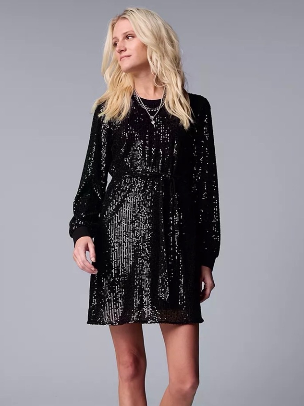 Simply Vera Vera Wang Black Sequin Tie Waist Dress – Size Med – Elegant Holiday